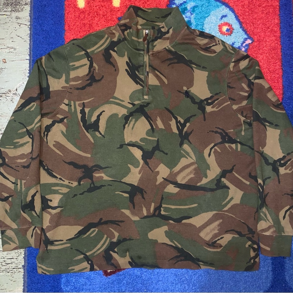 Polo Ralph Lauren Quarter Zip Green Camo Sweater Estate Rib Size Large